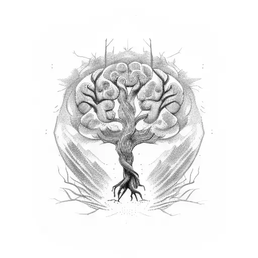 A Tree With Roots Growing From A Brain And A Wolf On The Shoulder
