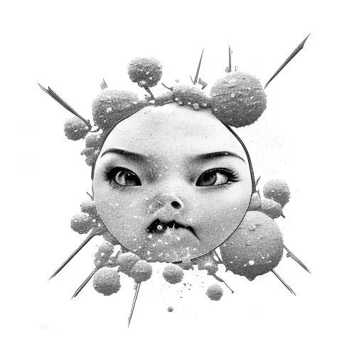 Four Mouths With Katana Goinf Threw Them And Snowball Flowers Wrapping Around The Katana