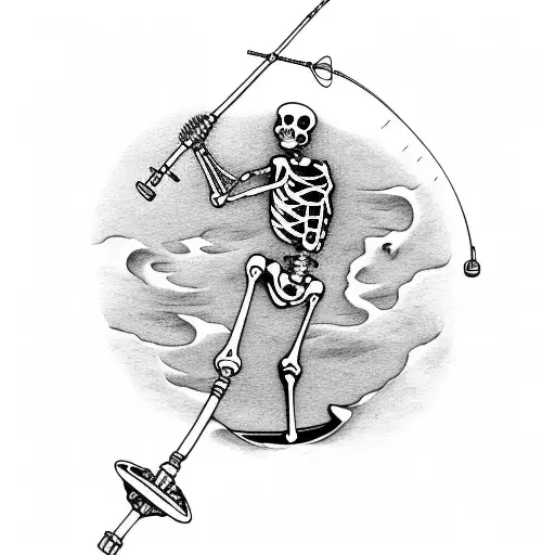 Skeleton With Fishing Pole In Small Boat