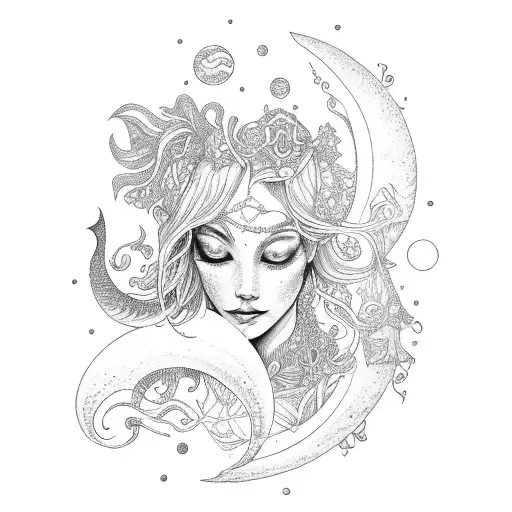 Mermaid Goddess Of The Phases Of The Moon Surrounded By Celestial Elements