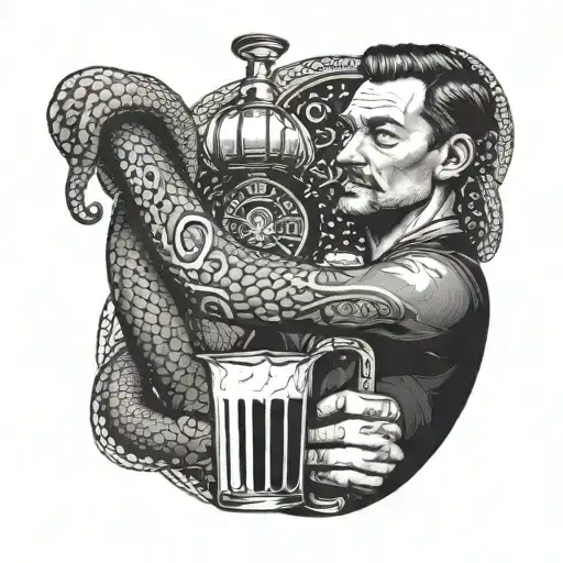 A Dotwork Tattoo Of A Bartender Mixing Drinks With A Snake Wrapped Around Their Arm