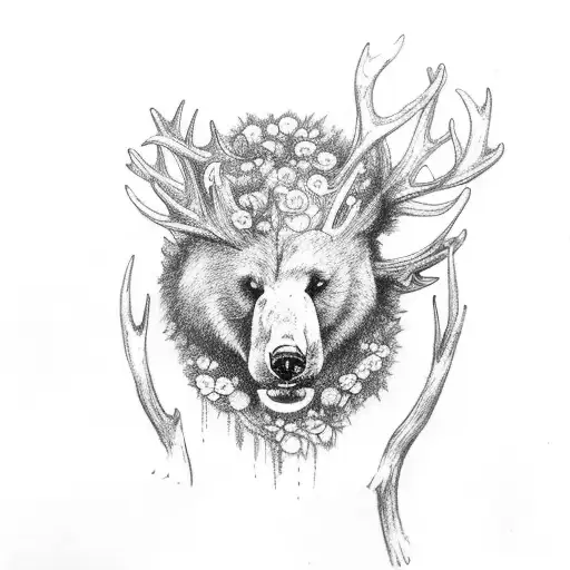 A Lot Of Flowers With Deer Antlers And An Angry Bear