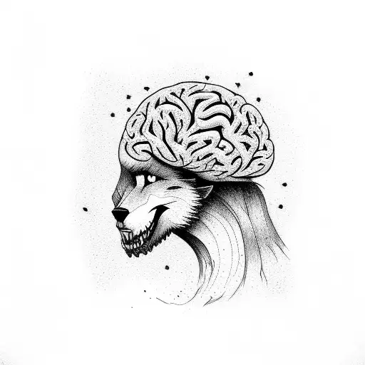 Tree With Roots In A Brain And Jaw Of Wolf