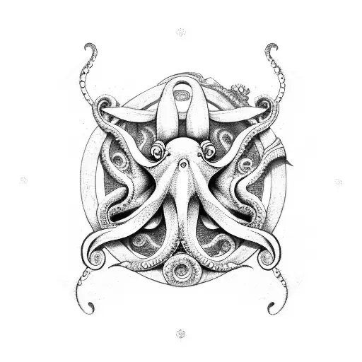 Octopus With A Ships Wheel And Waves
