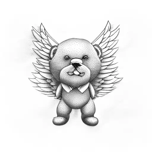 Fine Line Simple Style Of Teddy Bear With Angel Wings