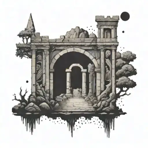 A Lone Traveler Discovering Ancient Geometric Ruins In A Psychedelic Landscape