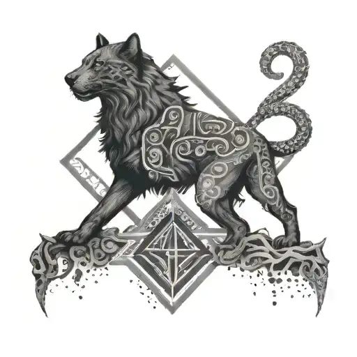 Teywaz Rune In The Middle And A Black Panther And A Gray Wolf Protecting It