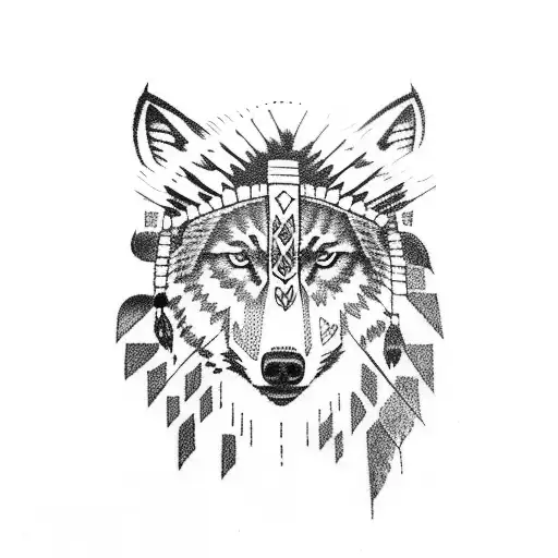 Native American Headress Above A Wolf
