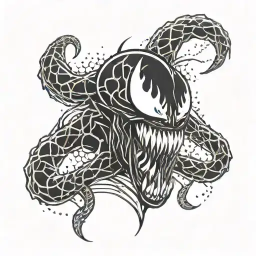 A Comic-inspired Tattoo Featuring Venom Battling A Skull With A Tribal Design