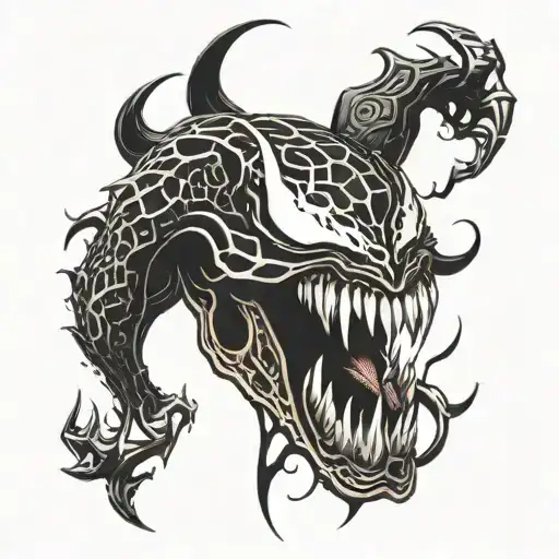 A Comic-inspired Tattoo Featuring Venom Battling A Skull With A Tribal Design