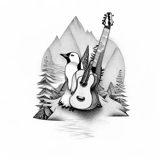 Guitar In Middle Of The Woods With Small Penguin