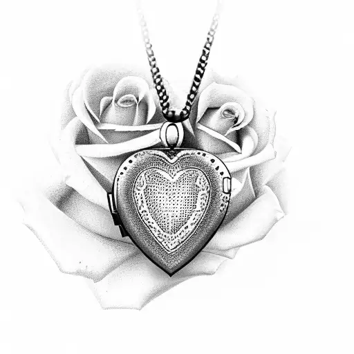 A Dotwork Design Of A Heart-shaped Locket With Jacques' Initials And A Single Rose Emerging From It