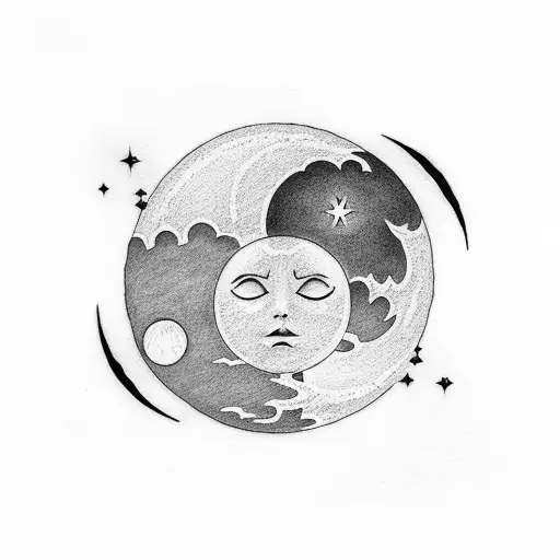 Sun And Moon In Dark Clouds With Night Sky