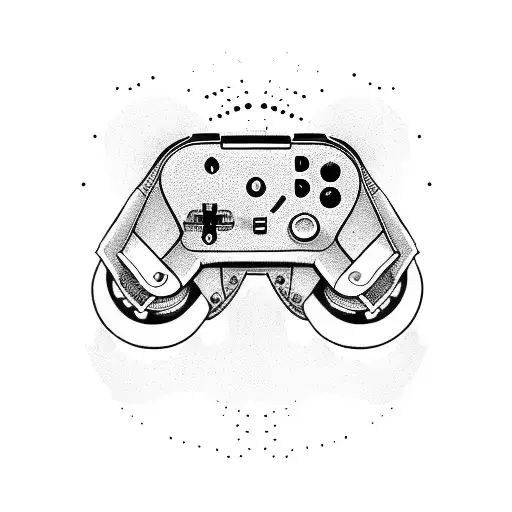 A Dotwork Tattoo Of A Gaming Controller Intertwined With Musical Instruments