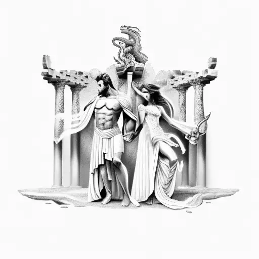 Wondertwins Reimagined As Greek God And Goddess Fighting Off A Dragon In A Make Stop Setting