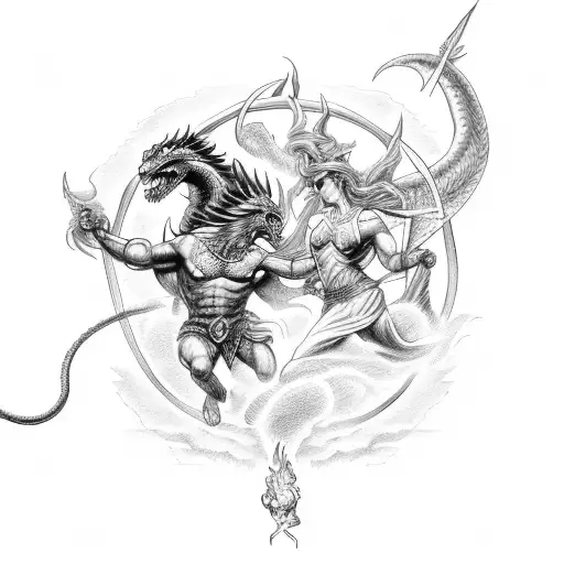 Wondertwins Reimagined As Greek God And Goddess Fighting Off A Dragon In A Majestic Setting