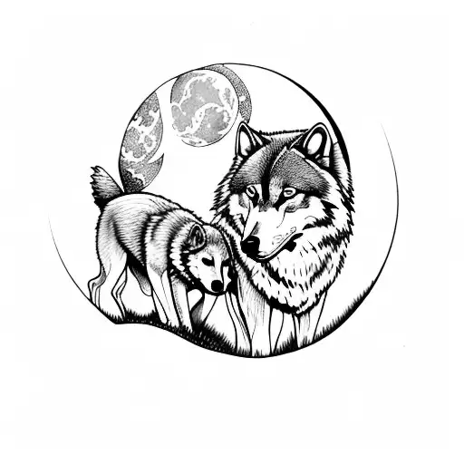 Mother Wolf With 5 Pups With Landscape And Moon In Background