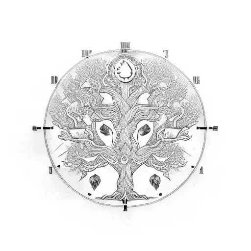 Tattoo Design Of A Tree Of Life On Top Of A Clock With Banners Hanging