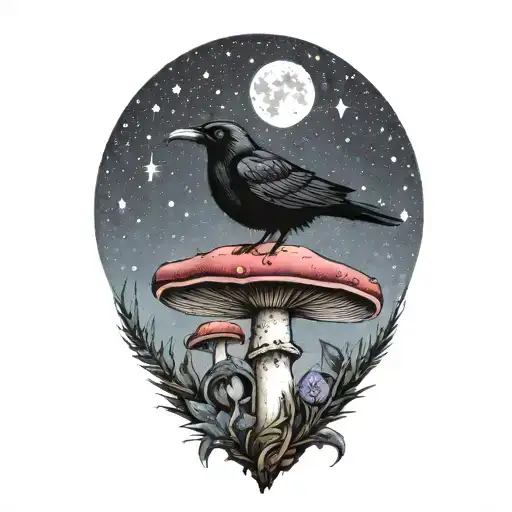 Colorful Mushroom With Ravens And Moon