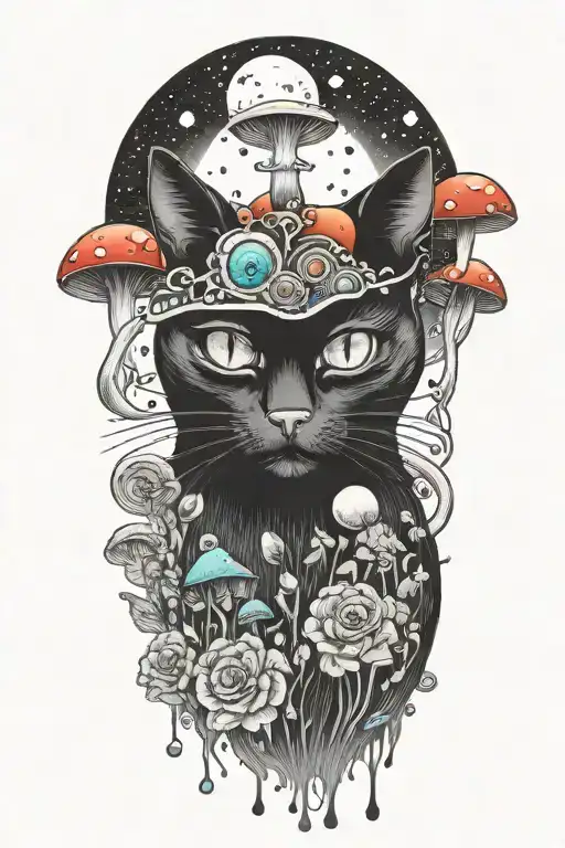 Black Cat With 3 Eye Balls And Trippy Colorful Mushrooms With Moon Melting