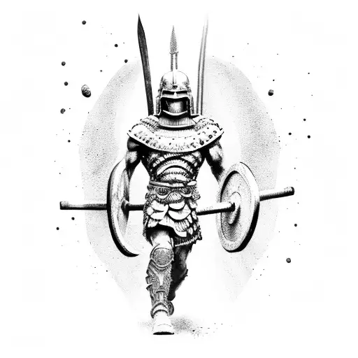 A Dotwork Tattoo Of A Spartan Warrior Lifting Weights