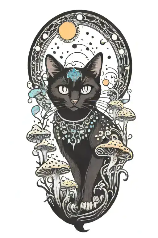 Black Cat With 3 Eye Balls And Trippy Colorful Mushrooms With Moon Melting