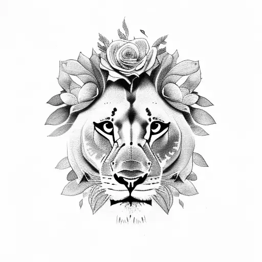 Realistic Lioness Portrait Surrounded By Various Flower And Plants