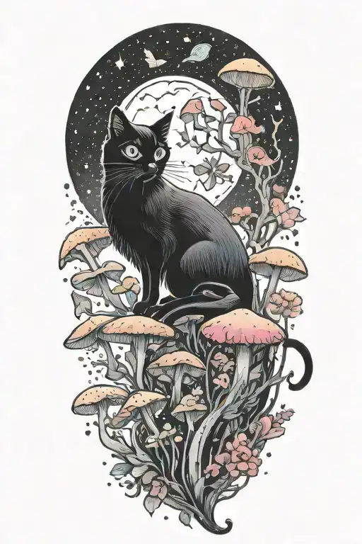 Black Cat And Trippy Colorful Mushrooms With Moon