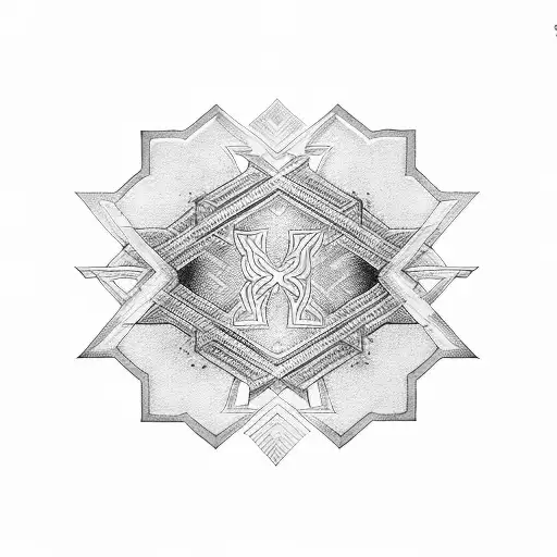 A Dotwork Tattoo Of The Hunab Ku Symbol Integrated With Greek Geometric Patterns