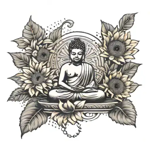 A Tattoo Design Of A Tanning Bed With Sunflowers Growing Out Of It And A Buddha Meditating On Top