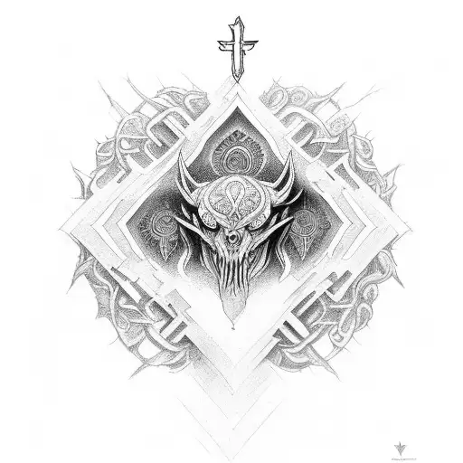An Intricate Tattoo Design Merging Gaming Elements And Religious Symbolism