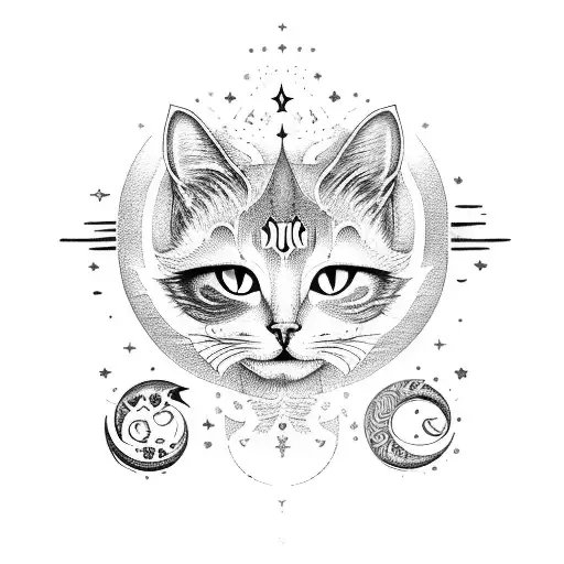 A Celestial Cat Sitting On A Crescent Moon With The Initials R And D Incorporated Into The Design