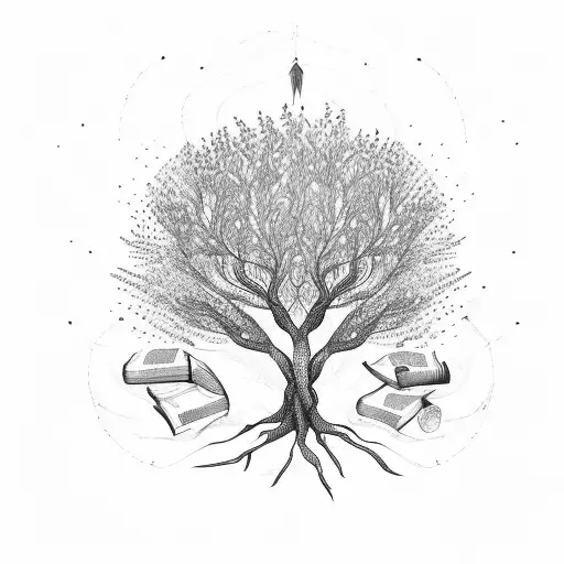 A Tree With Branches Made Of Quill Pens And Books Hanging From Them