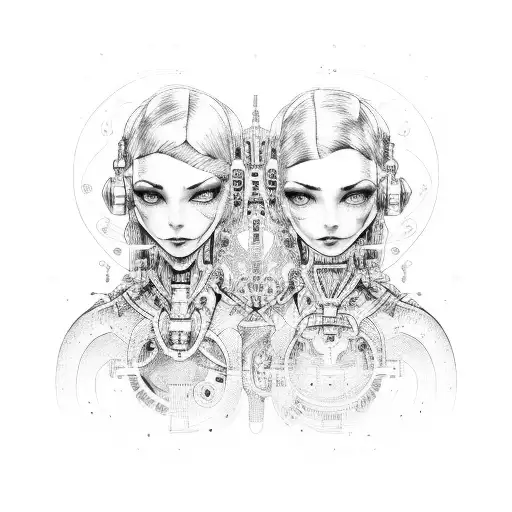 Cyborg Gemini Sisters Faces Conjoined Holding Hands