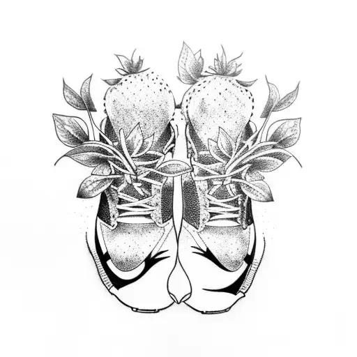 A Dotwork Tattoo Of A Strawberry Plant Growing Out Of A Pair Of Running Shoes