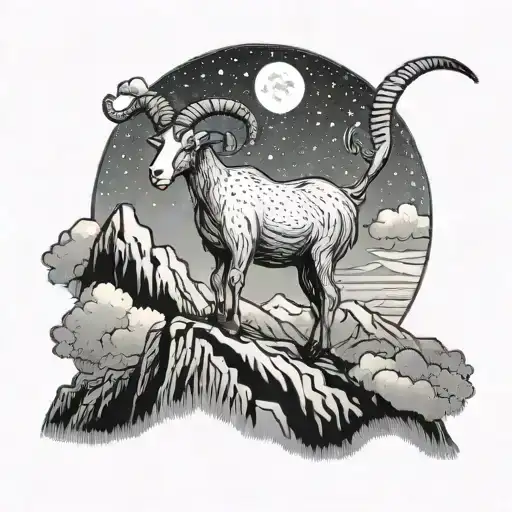 A Mystical Goat Standing On A Mountain Peak With A Full Moon In The Background