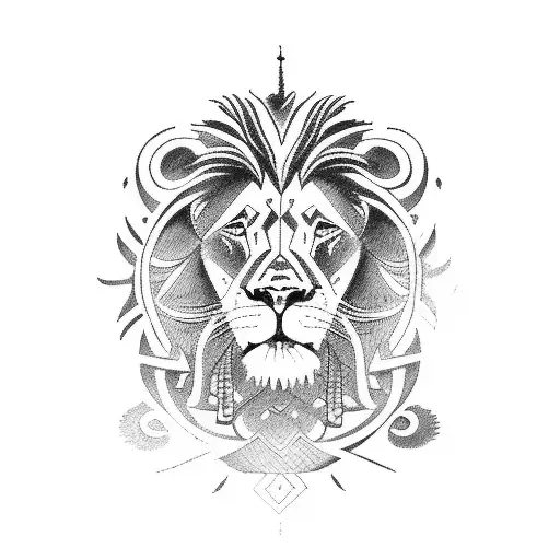 A Lion In Polynesian Tribal Style Surrounded By Elements Of Polynesian Culture