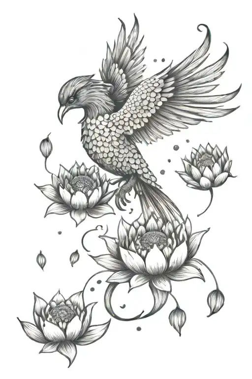 Phoenix Surrounded By Small Water Lilly Flowers