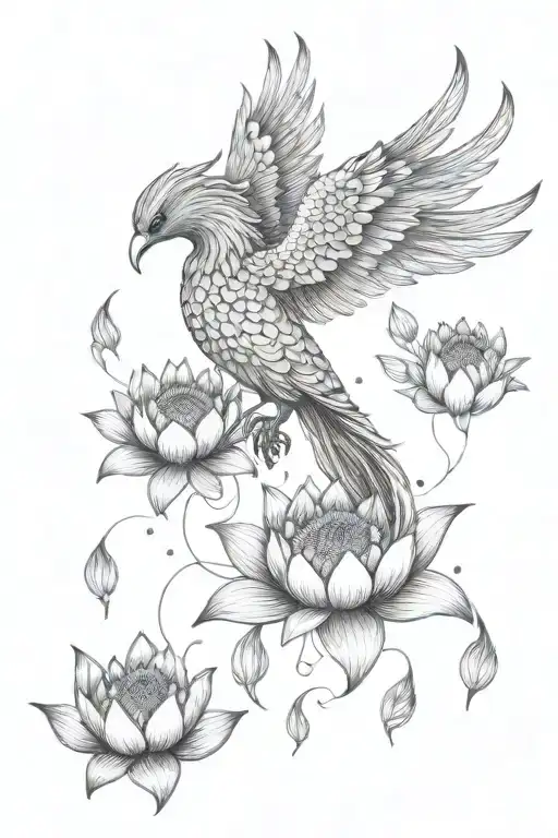 Phoenix Surrounded By Small Water Lilly Flowers