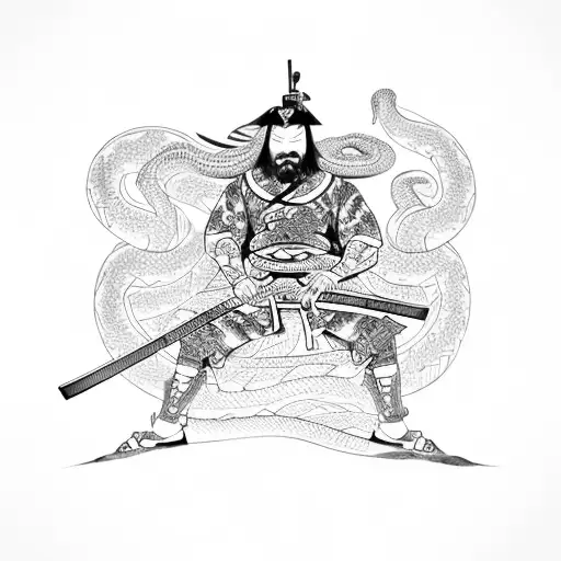 Tattoo On Thigh Of A Samurai With A Snake In Japanese Style