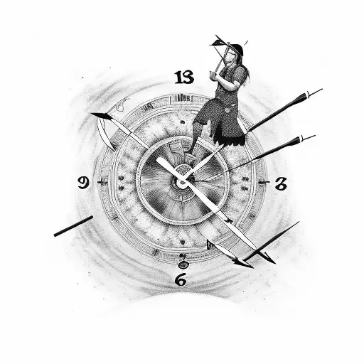 An Indigenous Person Shooting Seven Arrows With A Clock In The Background