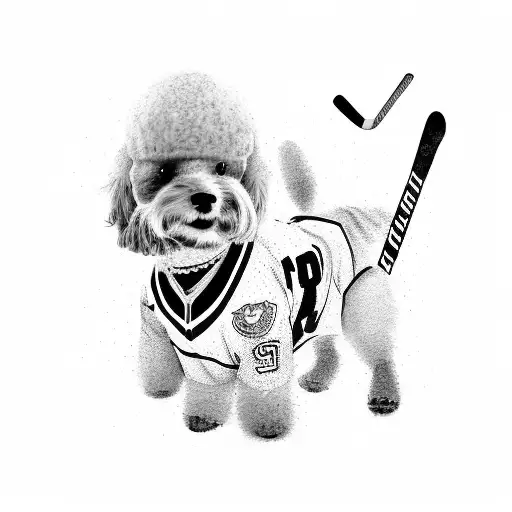 A Dog Wearing A Hockey Jersey And Holding A Hockey Stick