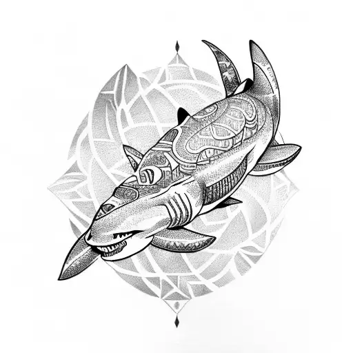 A Tribal-inspired Design Featuring A Shark And A Turtle In A Hawaiian Setting