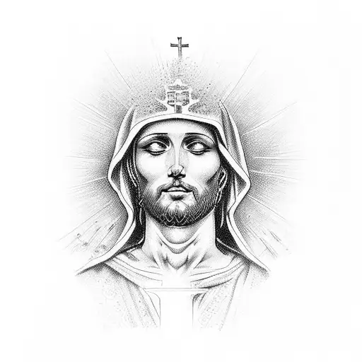 A Dotwork Tattoo Of A Tribute To The Christian Religion With A Crying Saint