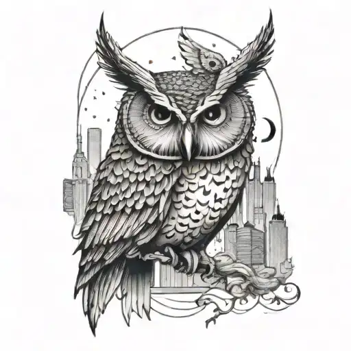 Lighting Bug And An Owl Together In The City Skyline In The Background