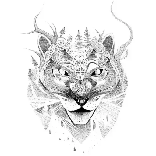 A Mystical Forest Scene With A Panther Sprinting Through In Dotwork Style