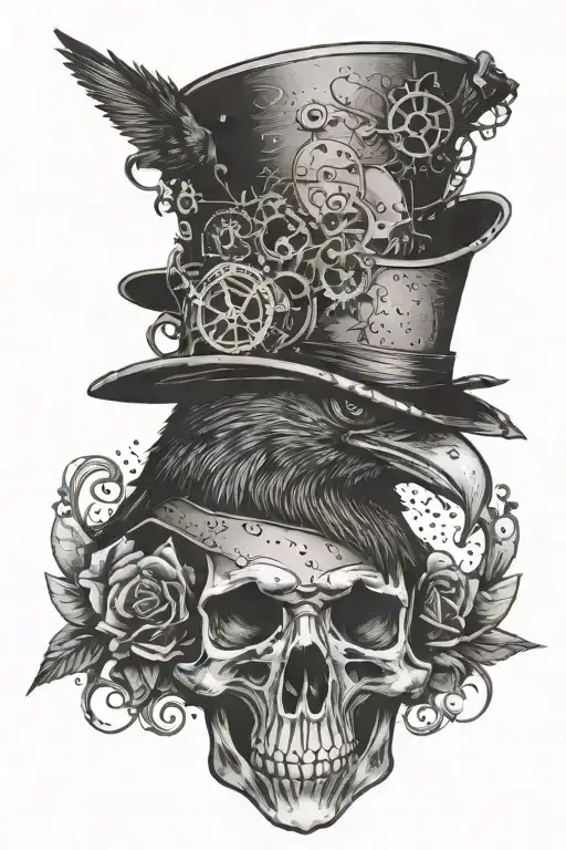 Steampunk Raven With Tophat On A Skull