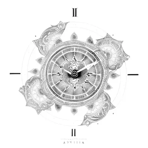 A Mesmerizing Black And Grey Mandala Incorporating Zodiac Symbols And Clock Elements