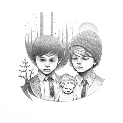 Two Boys And One Girl Hold A Boy Crying In Deep Dark Forest