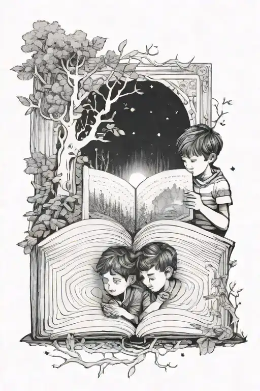 A Boy And Girl In The Forest Peering At A Large Glowing Book